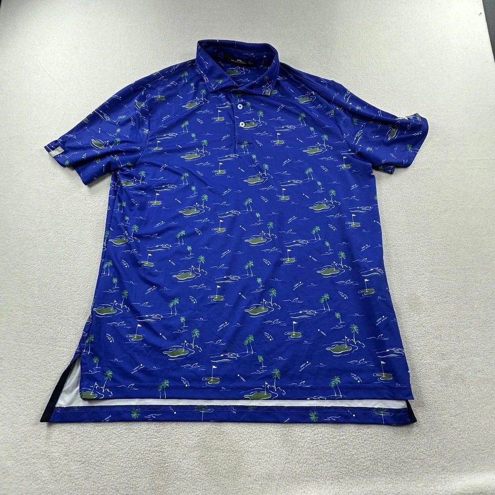 RLX Polo Shirt Mens Medium Blue Golf Course Print Stretch Wicking Ralph Lauren